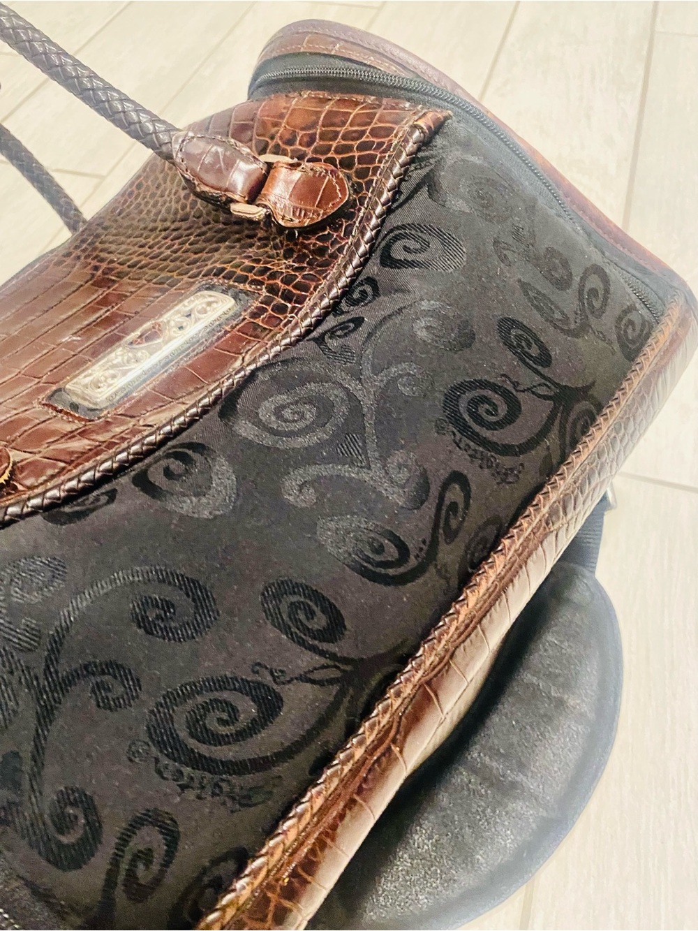 Vintage Brighton Lansky croc-embossed leather and fabric travel weekender bag - Picture 5 of 14